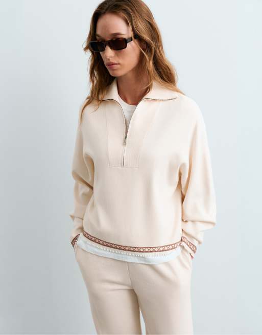 OYSHO Pullover mit Stehkragen und halbem Reißverschluss in hellem Ecru, 2 von 5