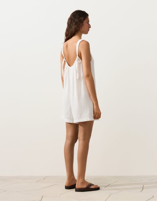 Oysho - Råhvid kort jumpsuit i 100% bomuld, 4 af 4