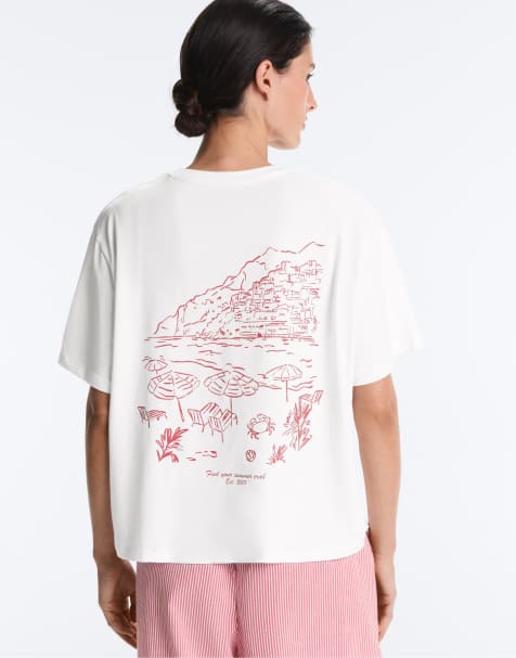 OYSHO - Råhvid kortærmet T-shirt i bomuldsblanding med slogan og firkantet pasform - view 1