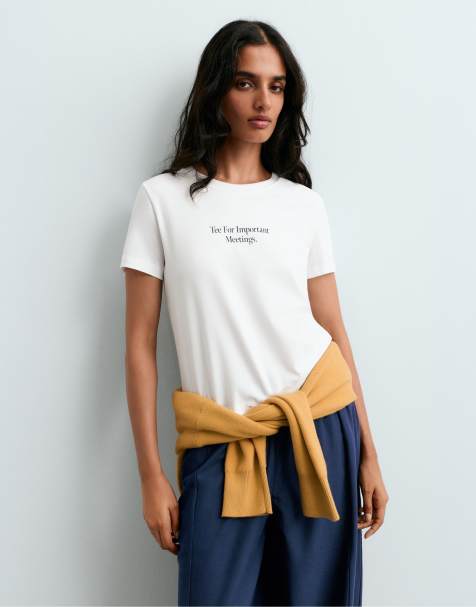 Oysho - Råhvid kortærmet T-shirt i bomuldsblanding med slogan - view 1