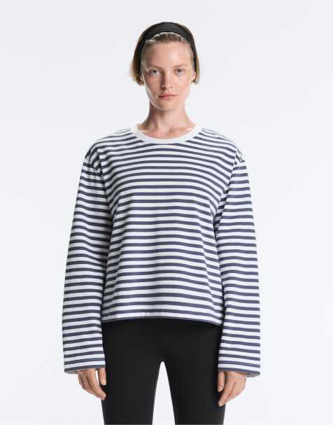 OYSHO randig boxig långärmad t-shirt i blått och vitt - view 1