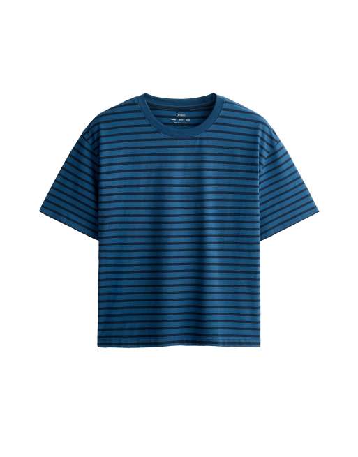 OYSHO randig boxig t-shirt i bomullsmix med korta ärmar i marinblått, 5 av 5