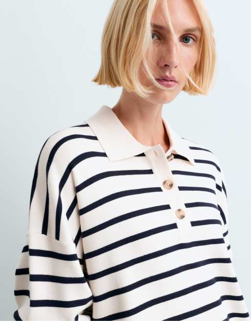 OYSHO randig stickad polotröja i ljus naturvit, 3 av 6