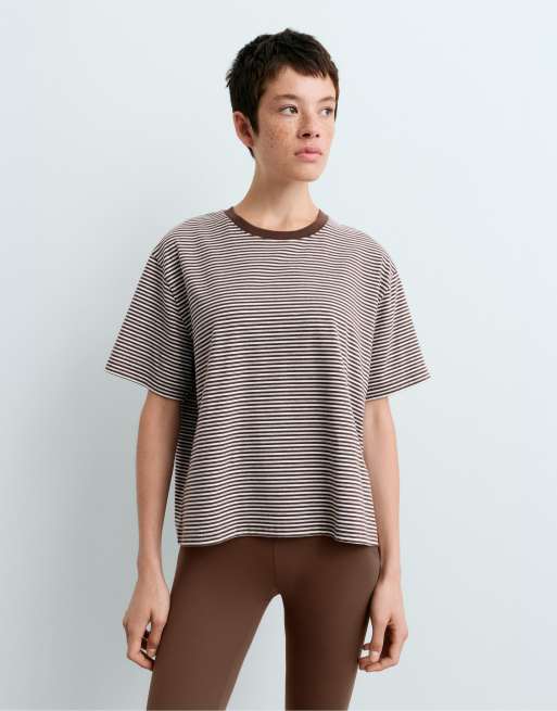 OYSHO Regular fit striped cotton blend short-sleeved t-shirt in brown, 2 of 4
