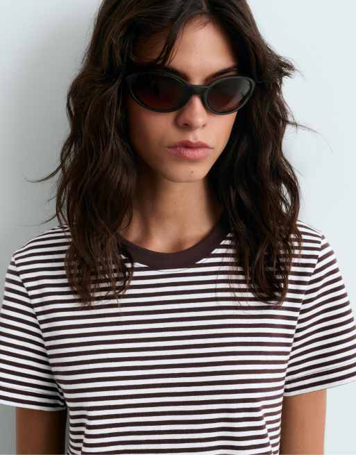 OYSHO Regular fit striped cotton blend short-sleeved t-shirt in light brown, 3 of 5