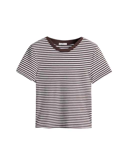 OYSHO Regular fit striped cotton blend short-sleeved t-shirt in light brown, 5 of 5