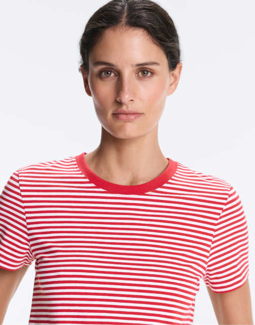OYSHO Regular fit striped cotton blend short-sleeved t-shirt in red, 3 of 7