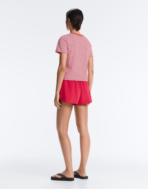 OYSHO Regular fit striped cotton blend short-sleeved t-shirt in red, 4 of 7