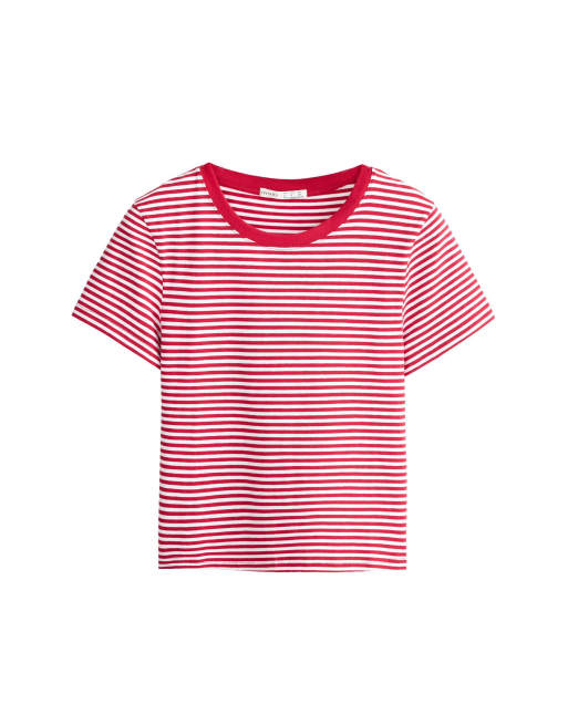 OYSHO Regular fit striped cotton blend short-sleeved t-shirt in red, 5 of 7