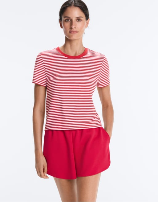 OYSHO Regular fit striped cotton blend short-sleeved t-shirt in red, 6 of 7