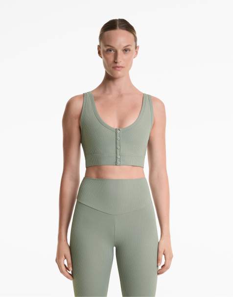 OYSHO Rib comfortlux open back henley top in blue green - view 1