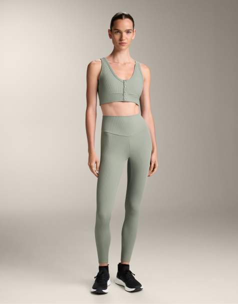 OYSHO Rib comfortlux open back henley top in blue green