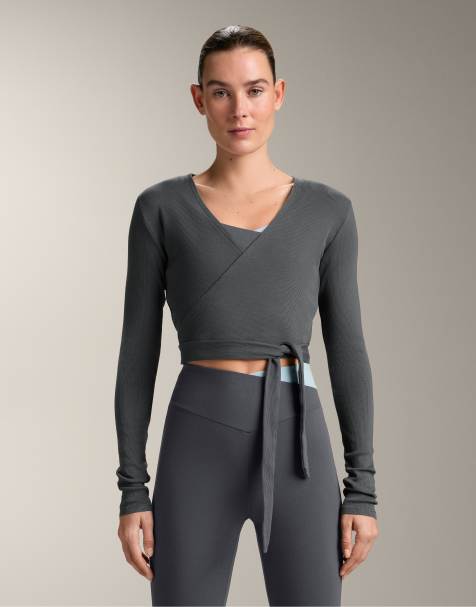 OYSHO Rib cotton blend wrap top in grey