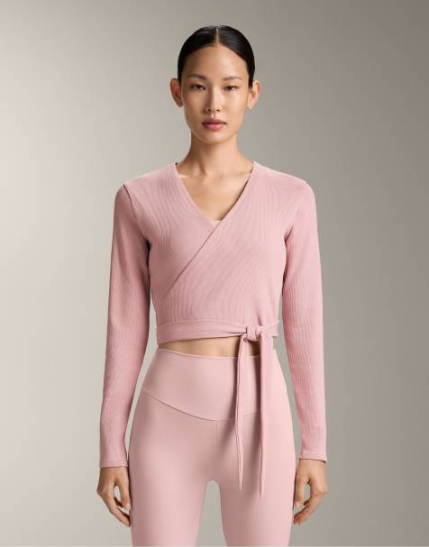 OYSHO Rib cotton blend wrap top in pale pink