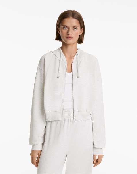 Oysho Rib detail crop hooded jacket with cotton and modal in pale grey melange - view 1
