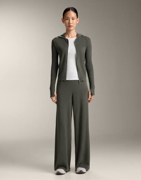 OYSHO Rib knit straight-leg trousers in military green - view 1