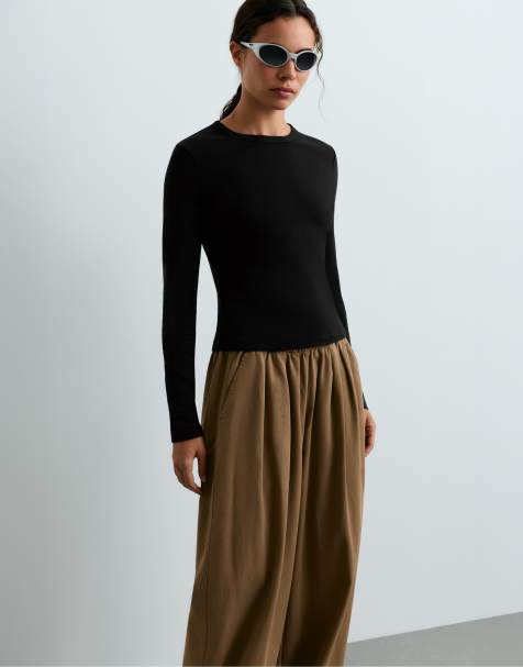 OYSHO Rib long sleeve t-shirt in black