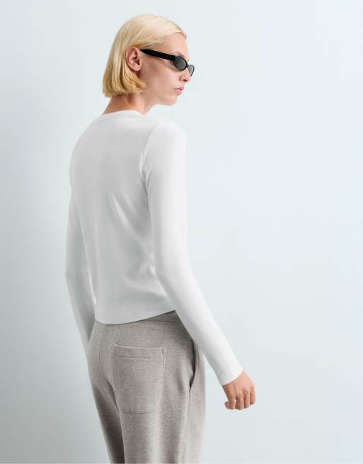 OYSHO Rib long sleeve t-shirt in off-white, 4 of 5