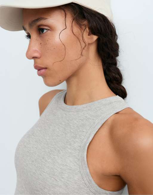 OYSHO Rib modal blend long tank top in grey melange, 3 of 6