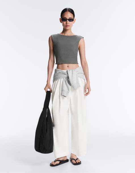 OYSHO Rib modal blend short sleeve tank top with curling detail in grey - view 1