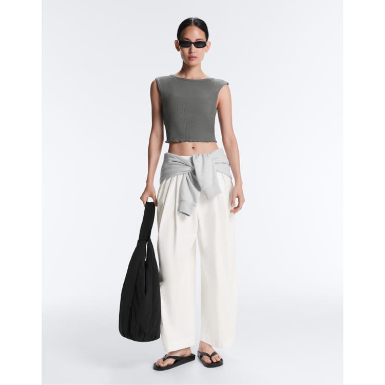 OYSHO Rib modal blend short sleeve tank top with curling detail in