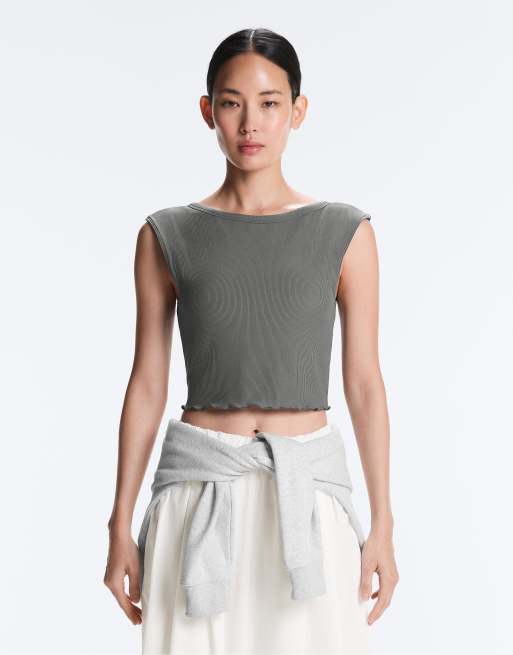 OYSHO Rib modal blend short sleeve tank top with curling detail in