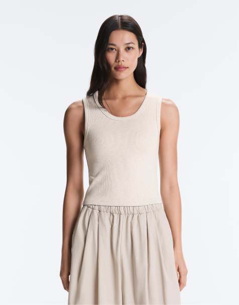 OYSHO Rib t-shirt with wide straps, cotton and modal in sand - view 1