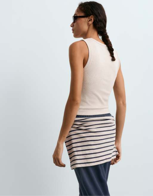 OYSHO Rib t-shirt with wide straps, cotton and modal in sand, 3 of 4
