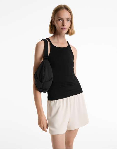 OYSHO Rib thin strap top with cotton and modal in black