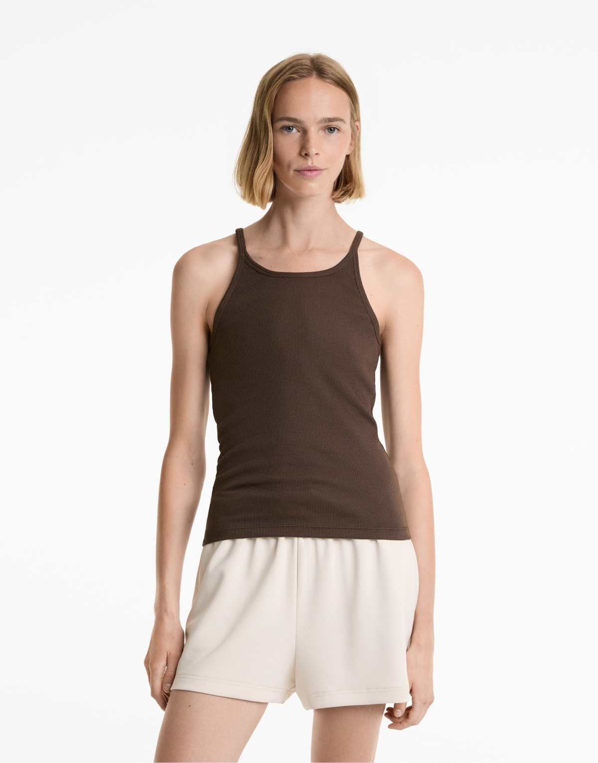 Oysho Rib thin strap top with cotton and modal in light brown
