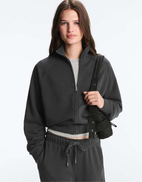 OYSHO Round neck plush jacket in dark anthracite
