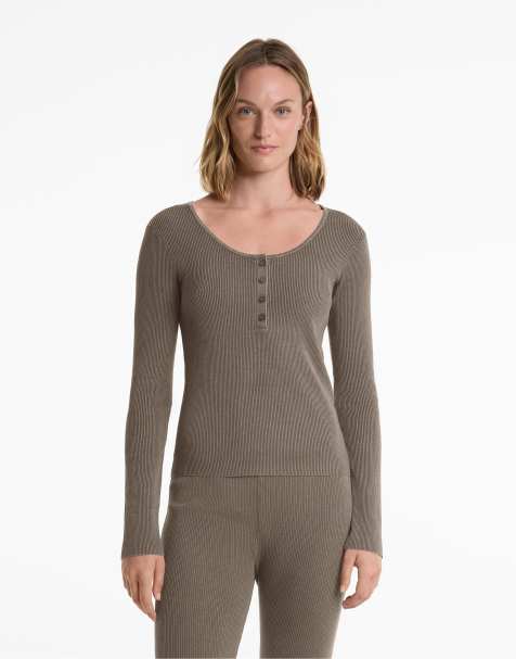 OYSHO Round neck t-shirt with buttons in grey - view 1