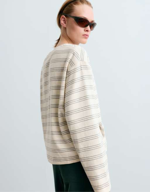 OYSHO Rustic striped relaxed long-sleeved t-shirt in pale ecru, 4 of 6