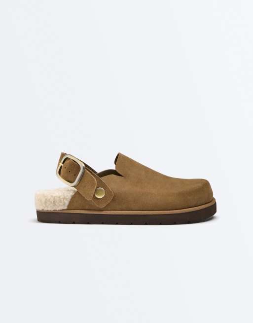 OYSHO - Sabot en croûte de cuir et imitation peau de mouton à boucle - Marron toasté, 3 de 4