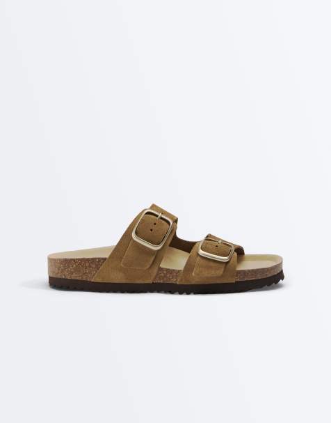 Oysho - Sandales en croûte de cuir avec boucle - Taupe - view 1