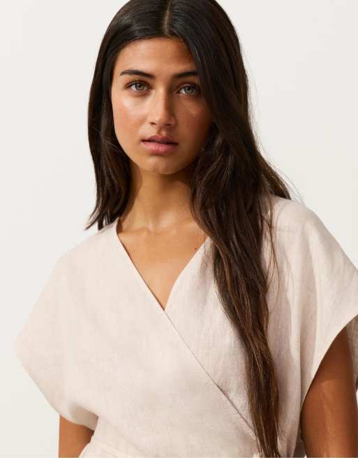 OYSHO – Sandfärgad, melerad skjorta i 100% linne med omlottdesign, 3 av 4