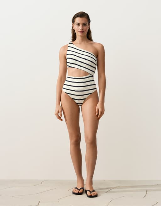 OYSHO - Sart ecrufarvet hæklet asymmetrisk trikini med striber, 3 af 4