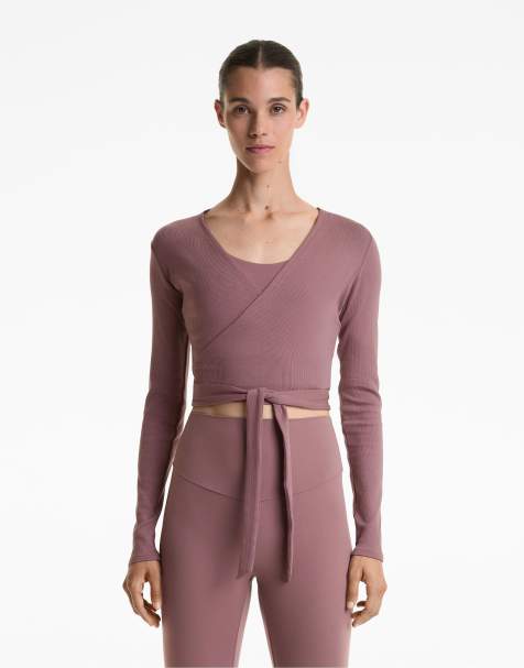 OYSHO – Schweres, geripptes Wickel-Oberteil in Rosa-Mauve aus Baumwollmix - view 1