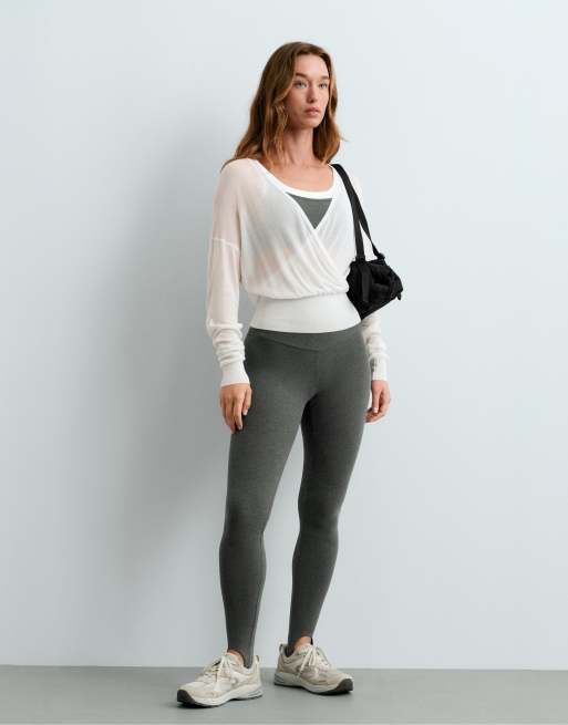 OYSHO Sheer crossover long-sleeved t-shirt in off-white, 2 of 7