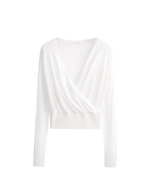 OYSHO Sheer crossover long-sleeved t-shirt in off-white, 5 of 7