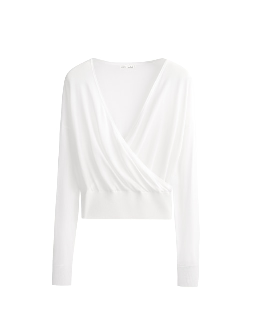 OYSHO Sheer crossover long-sleeved t-shirt in off-white, 7 of 7