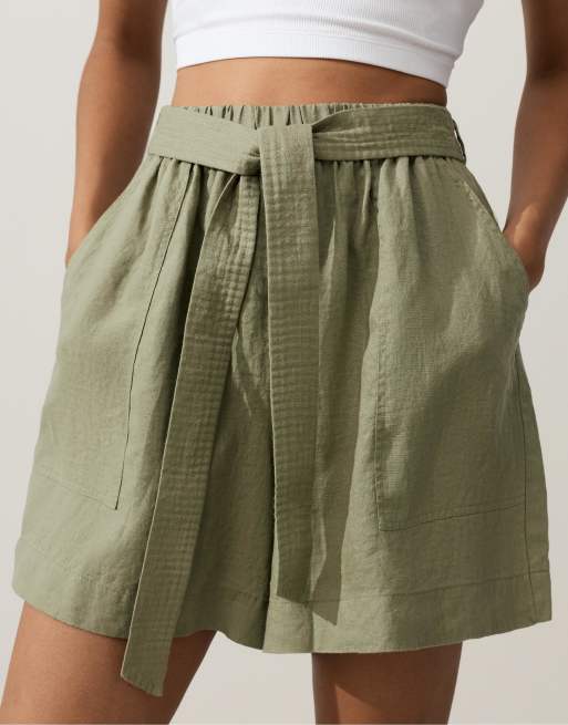 OYSHO - Short en pur lin avec ceinture - Vert, 3 de 4