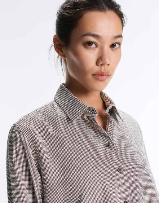 OYSHO Short gingham lyocell blend shirt in brown, 3 of 4