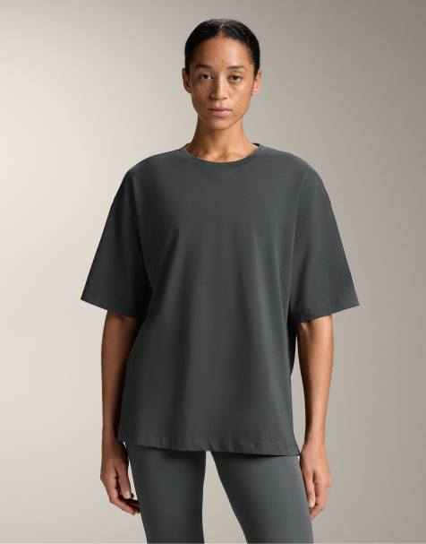 OYSHO Short sleeve cotton blend t-shirt in anthracite grey