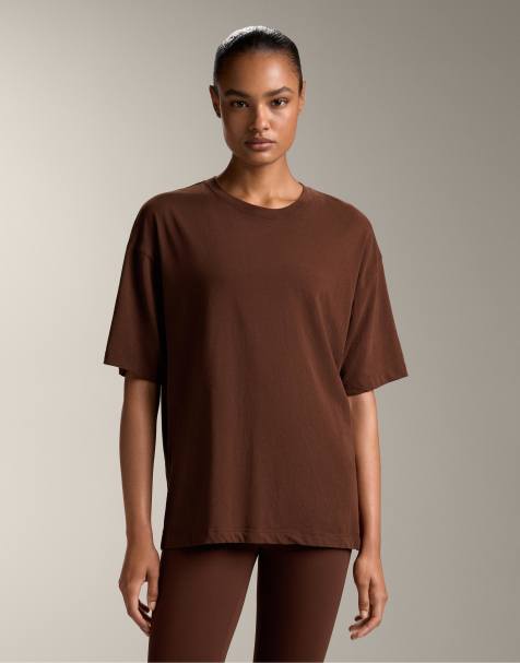 OYSHO Short sleeve cotton blend t-shirt in brown