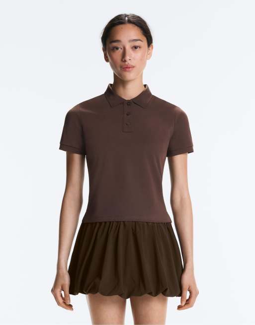 OYSHO Short sleeve piqué polo shirt in dark brown, 2 of 4