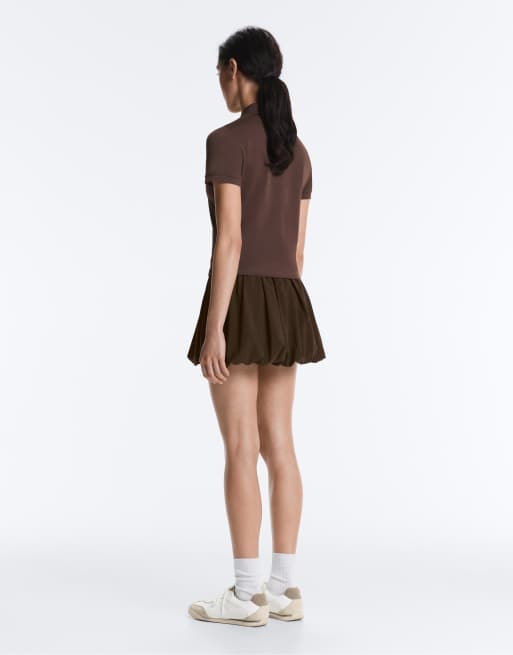 OYSHO Short sleeve piqué polo shirt in dark brown, 4 of 4