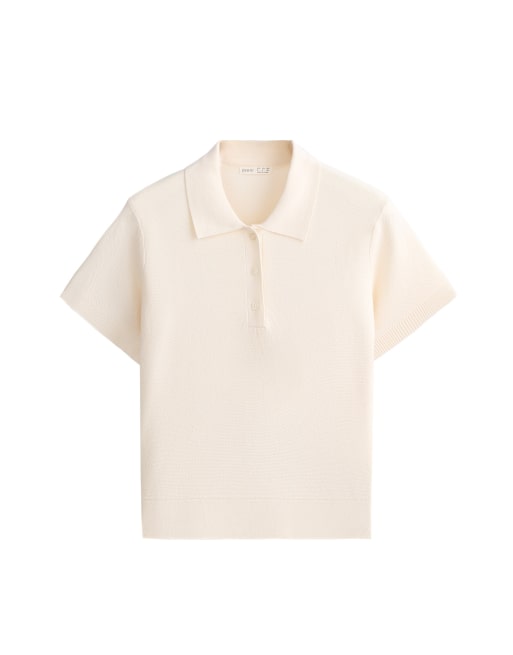 OYSHO Short-sleeved button knit polo shirt in ecru, 5 of 6