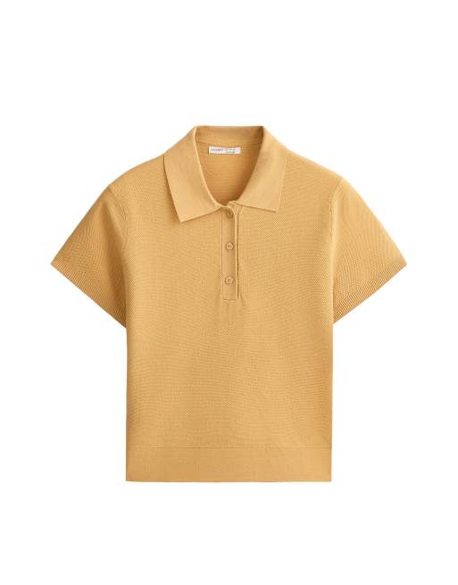 OYSHO Short-sleeved button knit polo shirt in ochre, 5 of 6