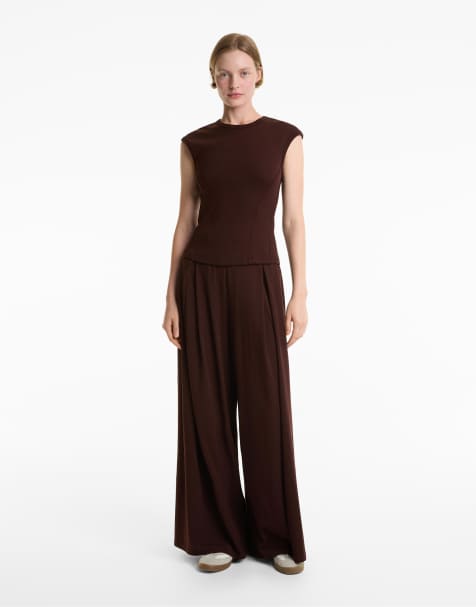 OYSHO Short-sleeved rib top with cotton and modal in brown - view 1